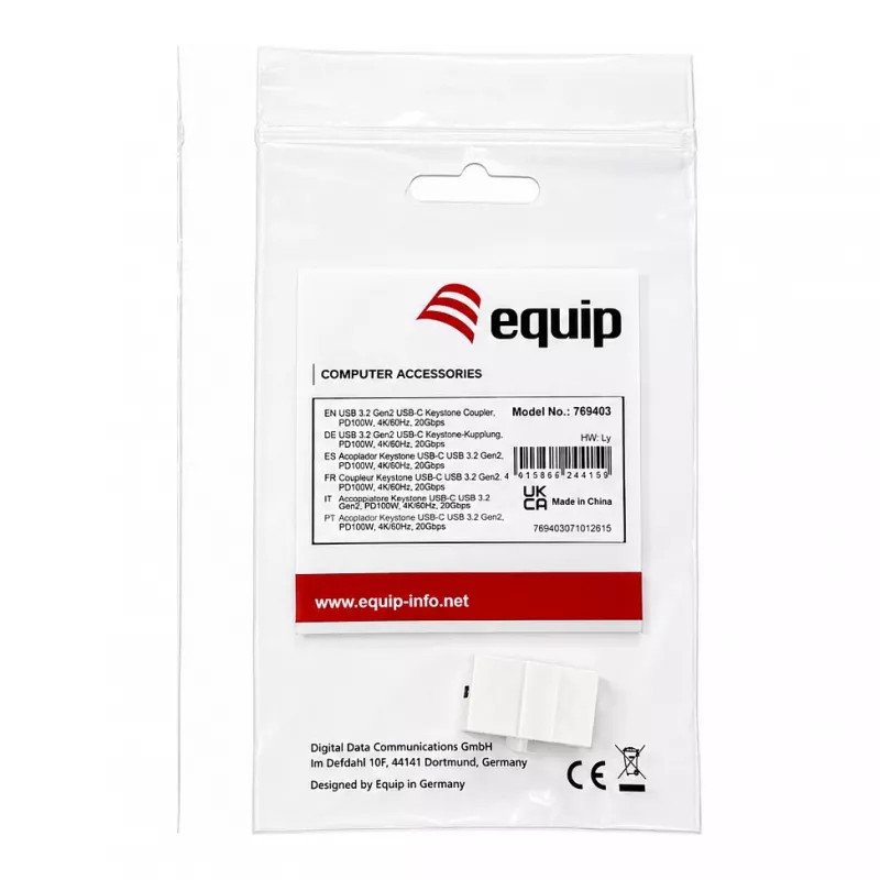 Equip Keystone Coupler USB 3.2 Gen 2 USB-C į USB-C, Moteris į Moterį, Baltas