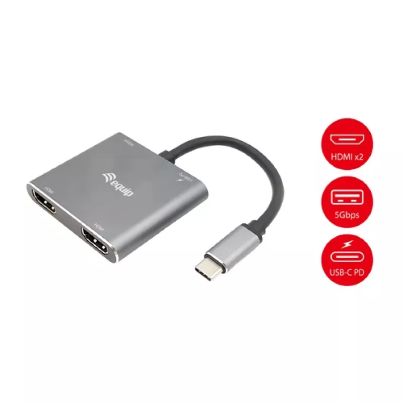 EQUIP USB-C 4-in-1 dvigubas HDMI adapteris su 100W PD, 4K MST, aliuminis