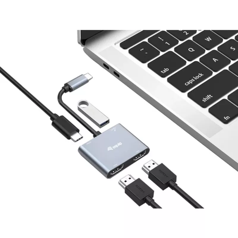 EQUIP USB-C 4-in-1 dvigubas HDMI adapteris su 100W PD, 4K MST, aliuminis
