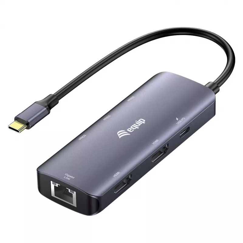 EQUIP USB-C Multiport Adapter su 2x HDMI, RJ45, 2x USB-A, USB-C PD 100W, pilka