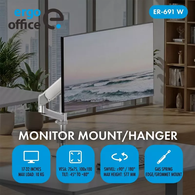ERGO OFFICE ER-691 W dujinis spyruoklinis monitoriaus laikiklis ant stalo, 17-32 inch monitoriams iki 10 kg, matinė balta