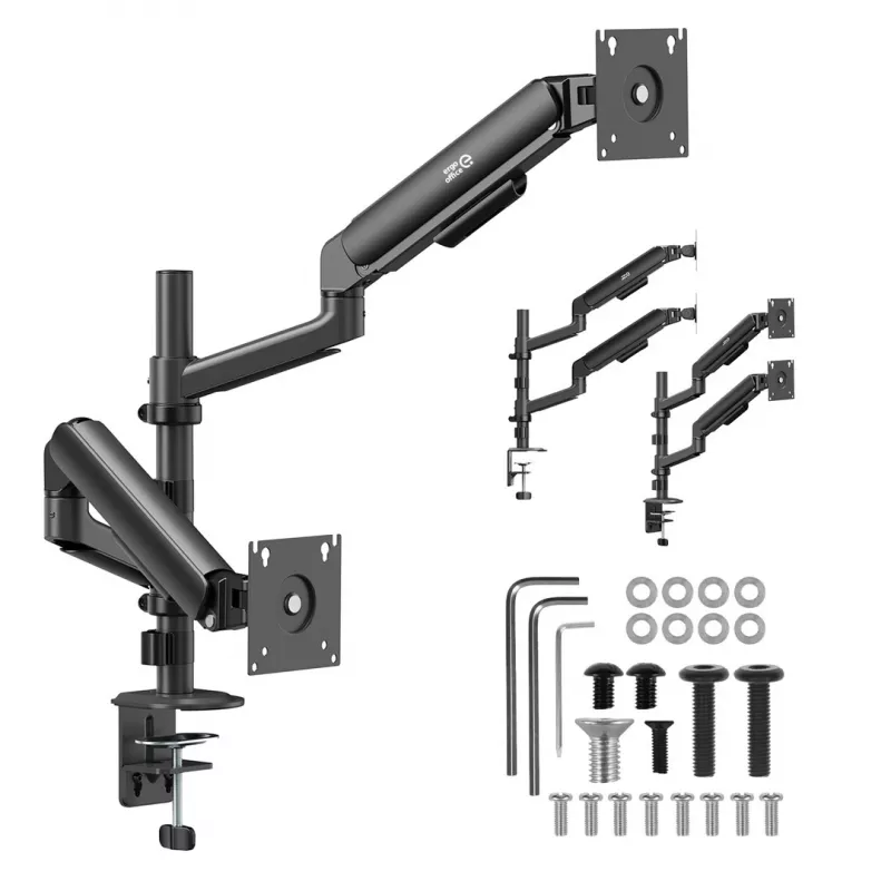 ERGO OFFICE ER-692 B Dvigubo monitoriaus stalo laikiklis, dujinės spyruoklės ranka, tinka 17-32 inch, 1-10 kg vienai rankai, matinė juoda