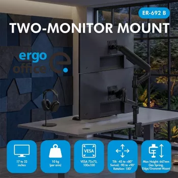 ERGO OFFICE ER-692 B Dvigubo monitoriaus stalo laikiklis, dujinės spyruoklės ranka, tinka 17-32 inch, 1-10 kg vienai rankai, matinė juoda
