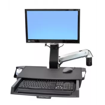 Ergotron 45-260-026 Bėgelio Montavimo Rinkinys, Aukščio Reguliuojamas Monitoriaus Laikiklis su Klaviatūros Padėklu, Ištraukiamu Pelės Padėklu, Riešo Atrama ir Brūkšninio Kodo Skaitytuvo Laikikliu, Tinka iki 24 inch LCD, VESA 75/100mm, Poliruotas Aliuminis