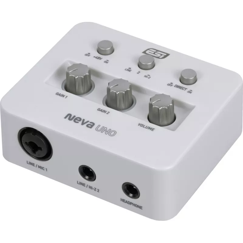 ESI Neva Uno – USB-C garso sąsaja, 24 bitų / 192 kHz, 2 įėjimai / 2 išėjimai, XLR/TRS kombinuota, +48 V, tiesioginis monitoringas