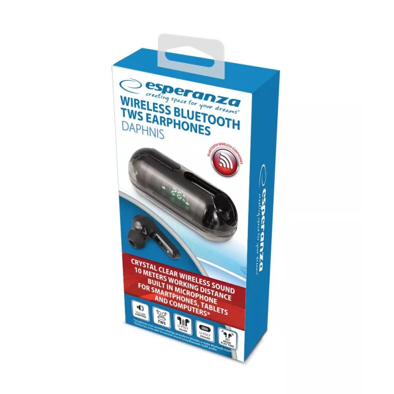Esperanza EH239K tikros belaidės stereo Bluetooth į ausis įdedamos ausinės su įkrovimo dėklu, lietimo valdymu, įmontuotu mikrofonu, juodos