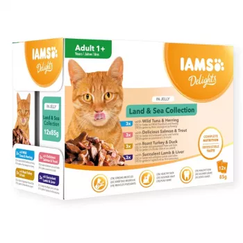 EUKANUBA IAMS DELIGHTS Land & Sea kolekcija želė – šlapias kačių maistas – 12x85g maišeliai