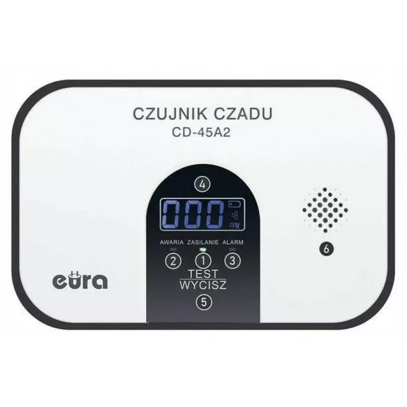 EURA CD-45A2 Laisvai pastatomas anglies monoksido detektorius, maitinamas baterijomis, LCD ekranu