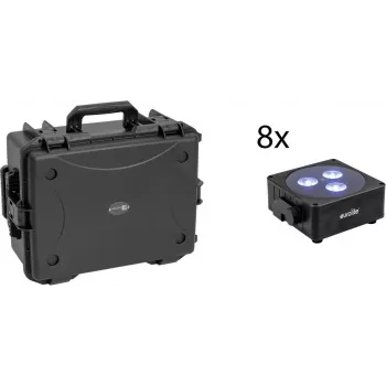 EUROLITE rinkinys 8x AKKU Flat Light 3 sw + plastikinis krepšys su vežimėliu RGBW LED QuickDMX