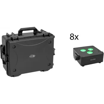 EUROLITE rinkinys 8x AKKU IP Flat Light 3 sw IP65 LED prožektoriai su vežimėlio dėklu