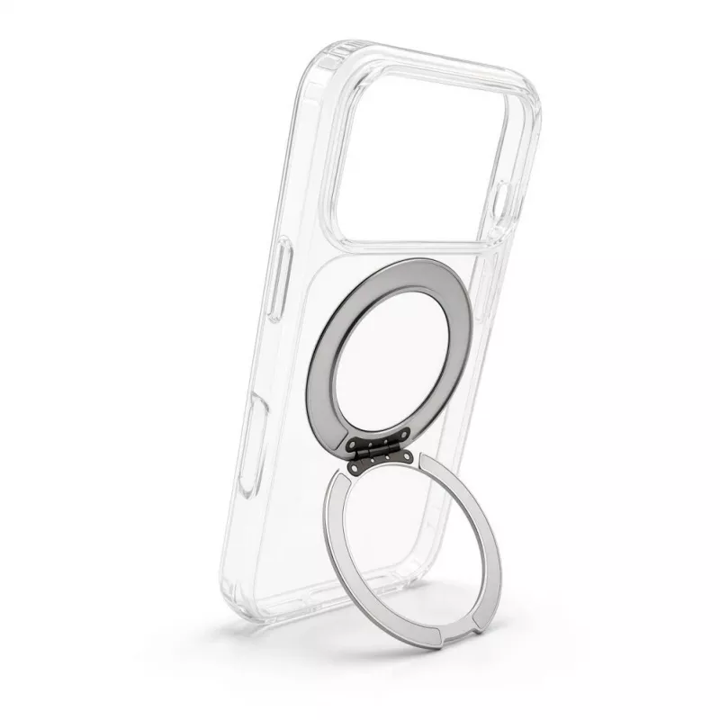 Evelatus Apple iPhone 17 Pro hibridinis dėklas su MagSafe PC+TPU 360° metaliniu stovu, permatomas