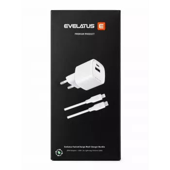 Evelatus FusionCharge sieninio įkroviklio rinkinys 20W maitinimo adapteris su 60W USB-C į Lightning silikoniniu kabeliu, baltas