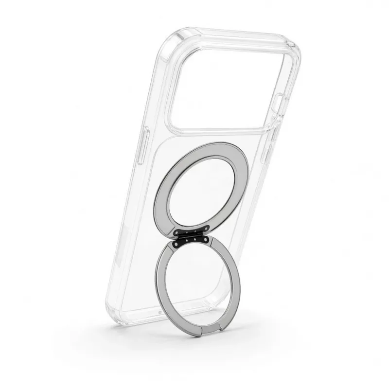 Evelatus hibridinis dėklas su MagSafe ir 360° metaliniu stoveliu, skirtas iPhone 17 Pro Max, permatomas