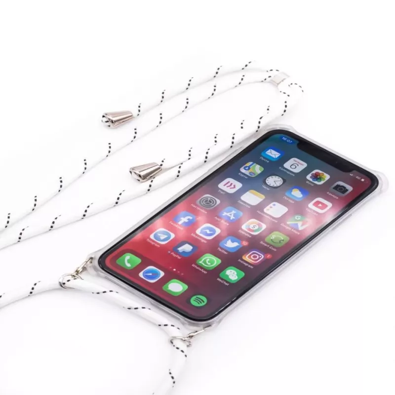 Evelatus Samsung Galaxy A40 dėklas su virvele baltomis juostelėmis permatomas