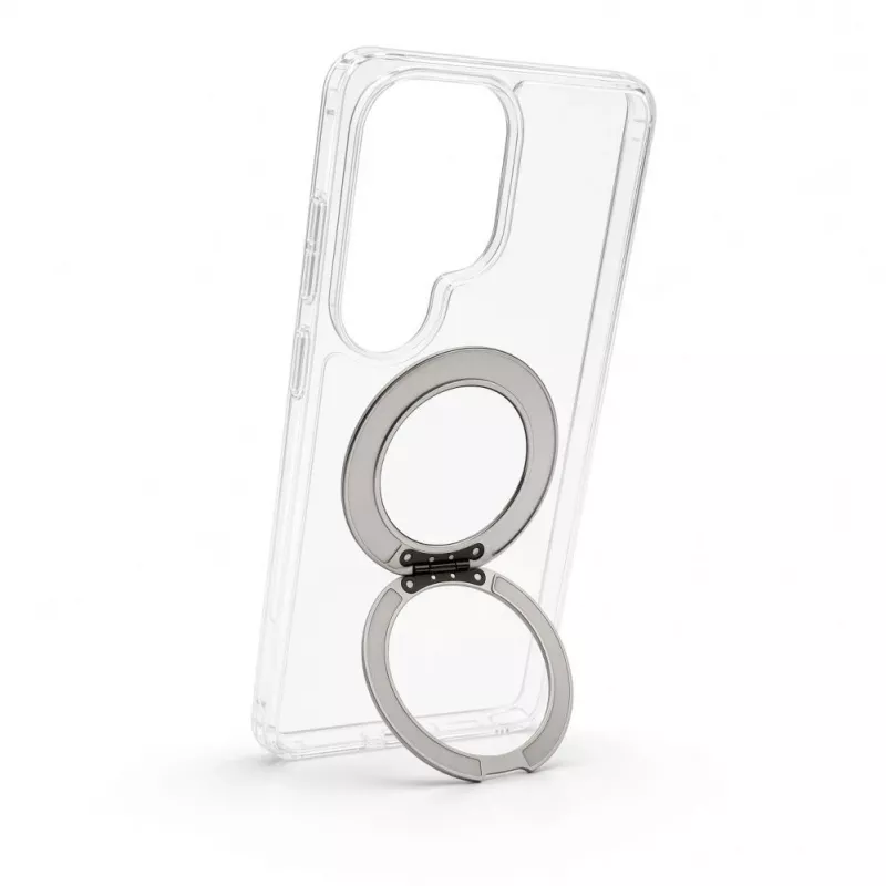Evelatus Samsung Galaxy S26 Ultra hibridinis dėklas su MagSafe PC+TPU 360 metaliniu stoveliu, permatomas