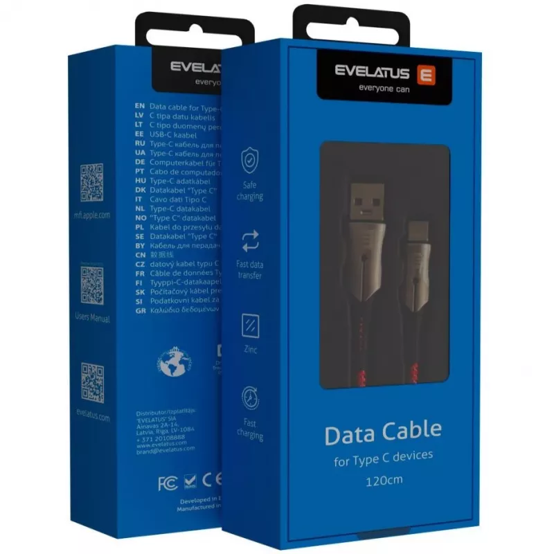 Evelatus Type-C duomenų laidas TPC02 juodas - USB-A į USB-C, 1,2 m, USB 2.0, 480 Mbps, 15W įkrovimas