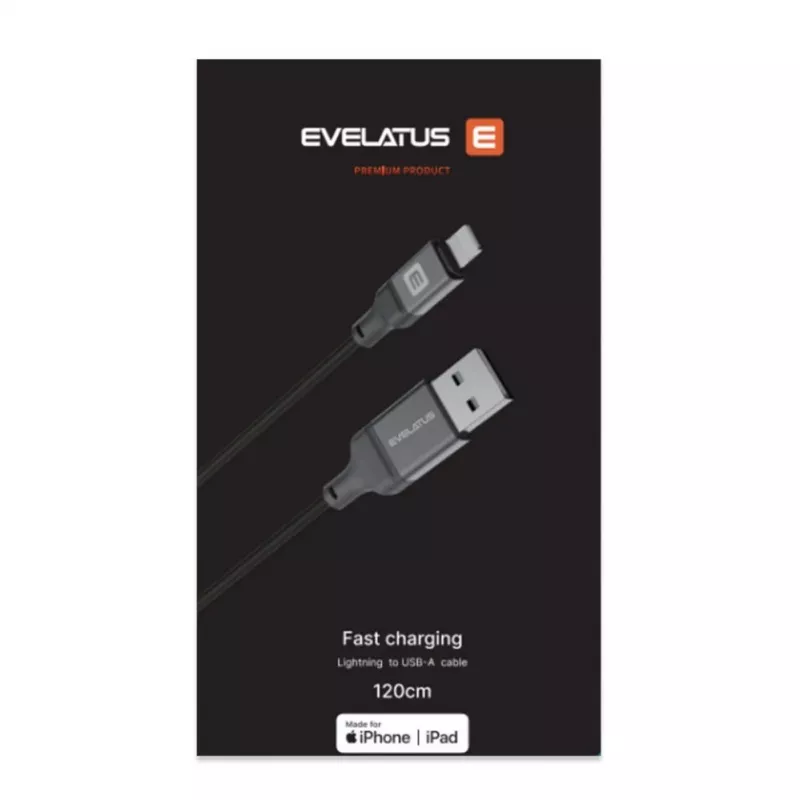 Evelatus USB-A į Lightning laidas 1,2 m (MFi11CL) aliuminio korpusas pintas juodas