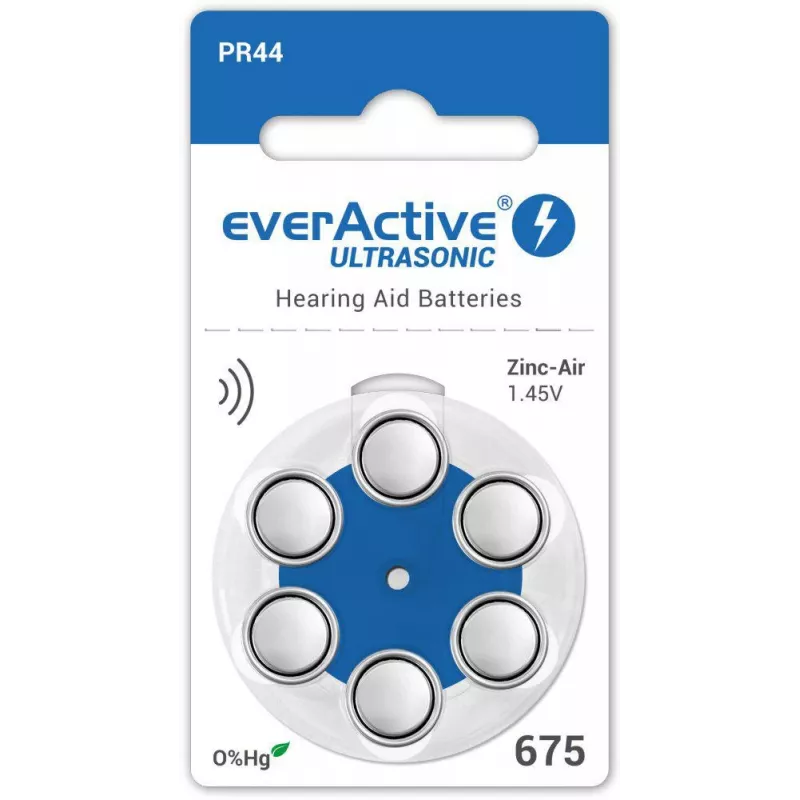 everActive ULTRASONIC 675 Cinko-oro klausos aparatų baterijos PR44 (6 vnt. lizdinė pakuotė)