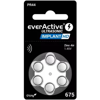 everActive ULTRASONIC IMPLANT HD 675 Cinko-oro klausos aparatų baterijos PR44 (6 vnt. pakuotė, be gyvsidabrio, 1,45 V, 650 mAh)