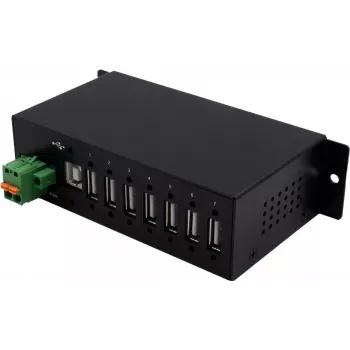 EXSYS EX-1179HMVS 7 prievadų USB 2.0 pramoninis metalinis šakotuvas su DIN bėgio tvirtinimu, 480 Mbit/s, ESD apsauga, -40 iki 85°C