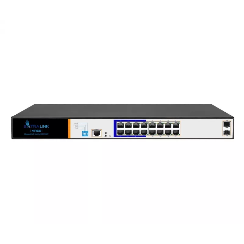 Extralink ARES PoE komutatorius, 16x Gigabit PoE/PoE+, 2x SFP, 1x konsolės prievadas, 150W, valdomas