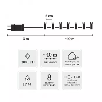 Extralink LED girlianda 200 LED šaltai baltos šviesos 10m + 3m IP44 vidaus / lauko