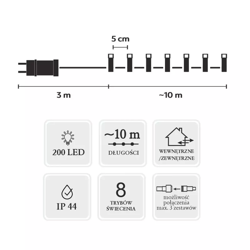 Extralink LED girlianda 200 LED šaltai baltos šviesos 10m + 3m IP44 vidaus / lauko