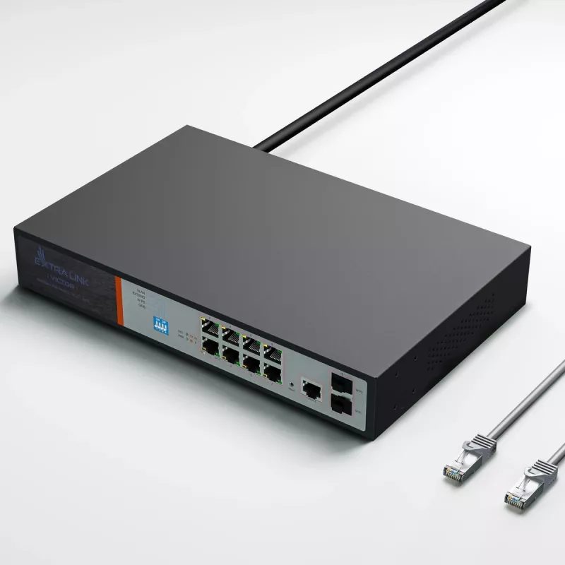 Extralink VICTOR 8 prievadų Gigabit PoE+ valdomas komutatorius su 2 SFP, 150W biudžetu, L2+