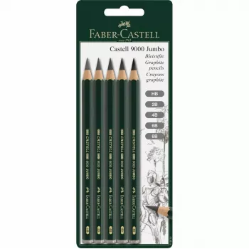 Faber-Castell Castell 9000 Jumbo grafito pieštukų rinkinys, 5 kietumo laipsniai (B, 2B, 4B, 6B, 8B), šešiakampis, FSC kedras 119397
