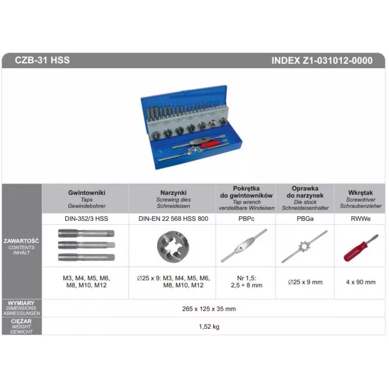 FANAR Taps and Dies Set 31 pcs. M3-M12 CZB-31 HSS