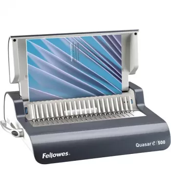 Fellowes Quasar-E 500 elektrinė kombinuoto įrišimo mašina, 20 lapų perforavimas, 500 lapų įrišimo talpa, A4, 21 stačiakampė skylė, reguliuojama paraštė, metalinis/plastikinis korpusas, didelis atliekų dėklas