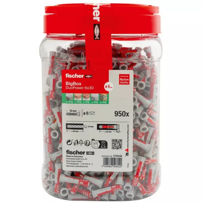 fischer DUOPOWER 6x30 universali sieninė kaištis BigBox, šviesiai pilka/raudona, 950 vienetų, perpildoma dėžutė 570548