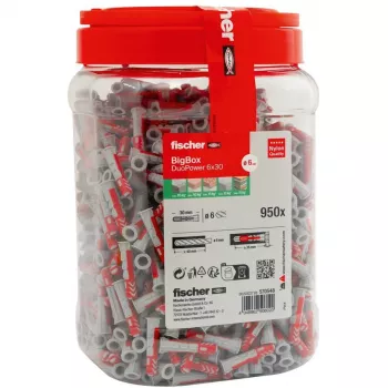 fischer DUOPOWER 6x30 universali sieninė kaištis BigBox, šviesiai pilka/raudona, 950 vienetų, perpildoma dėžutė 570548