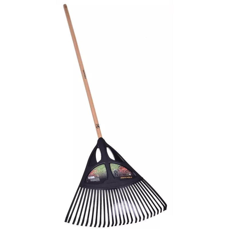 Fiskars Solid lapų grėblys, 52 cm platus polipropileno galvutė, 175 cm aliuminio kotas, 25 lanksčios šakelės, juoda/oranžinė