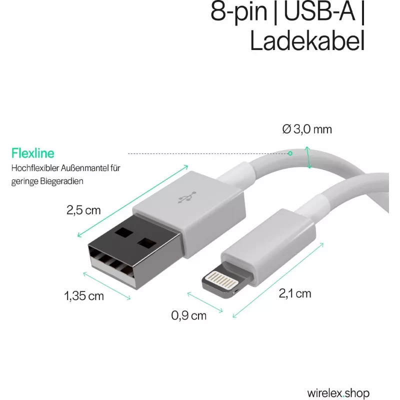 Flexline USB įkrovimo ir sinchronizavimo kabelis, USB-A į 8 kontaktų (Lightning), 2.0, ABS, baltas, 5,0 m (FL31-12048)