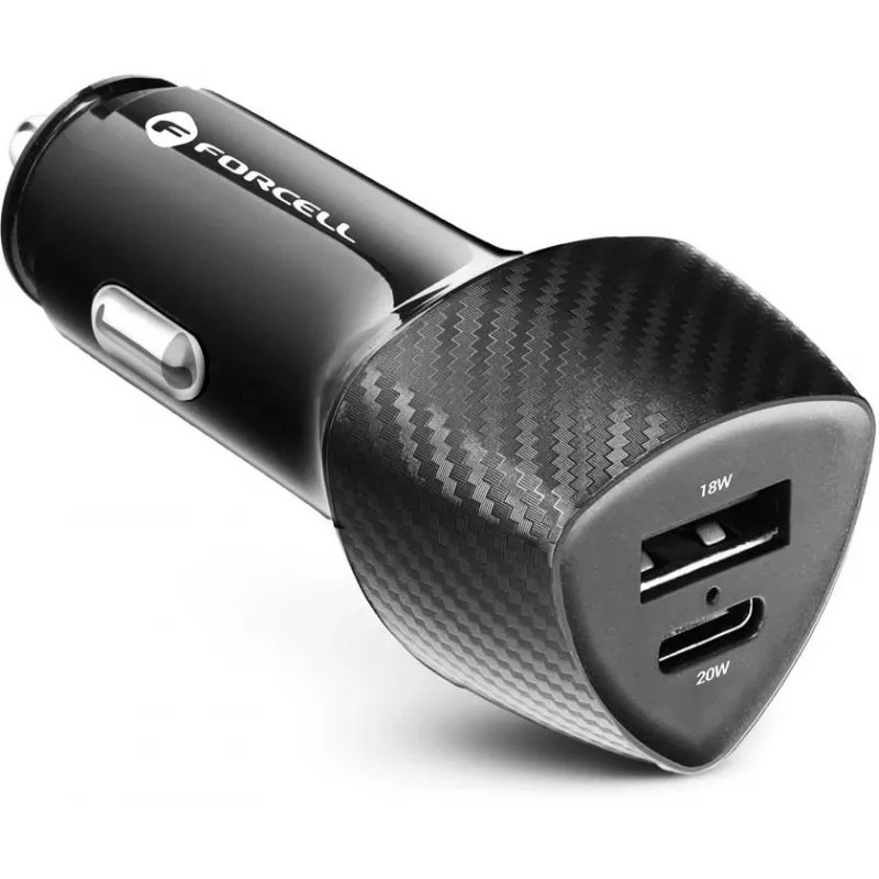 Forcell Carbon CC50-1A1C 38W automobilinis įkroviklis USB-C PD 3.0 + USB-A QC 3.0 juodas