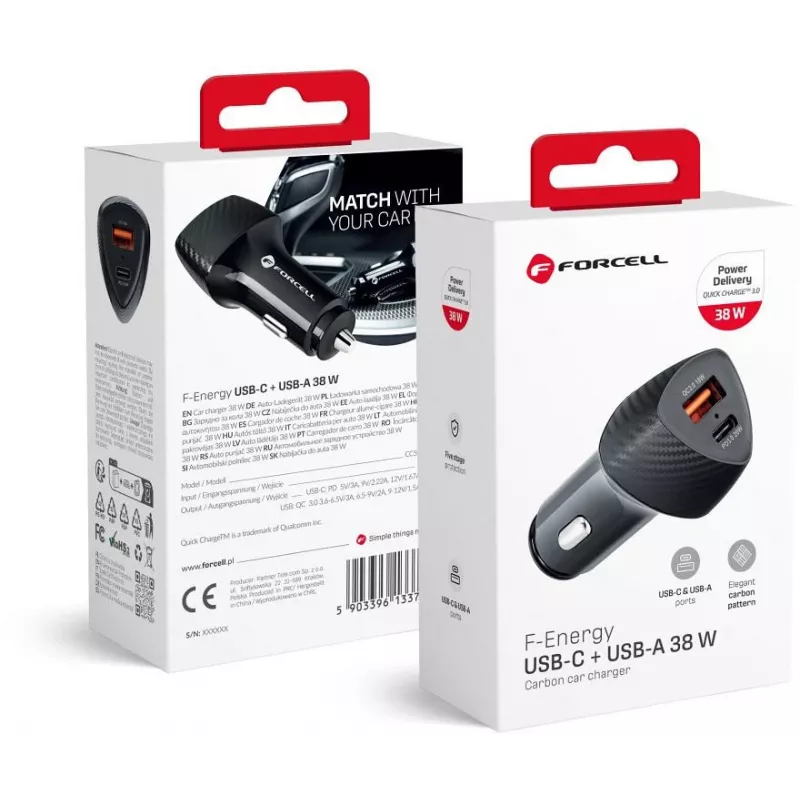 Forcell Carbon CC50-1A1C 38W automobilinis įkroviklis USB-C PD 3.0 + USB-A QC 3.0 juodas