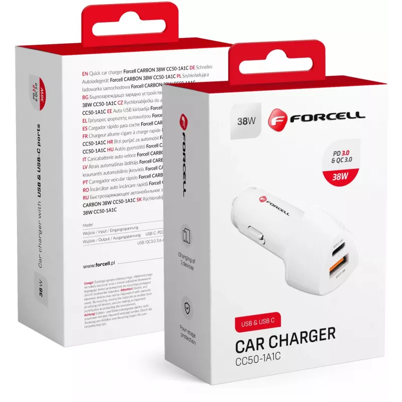 Forcell Carbon CC50-1A1C 38W USB-C PD + USB-A QC 3.0 automobilinis įkroviklis - baltas