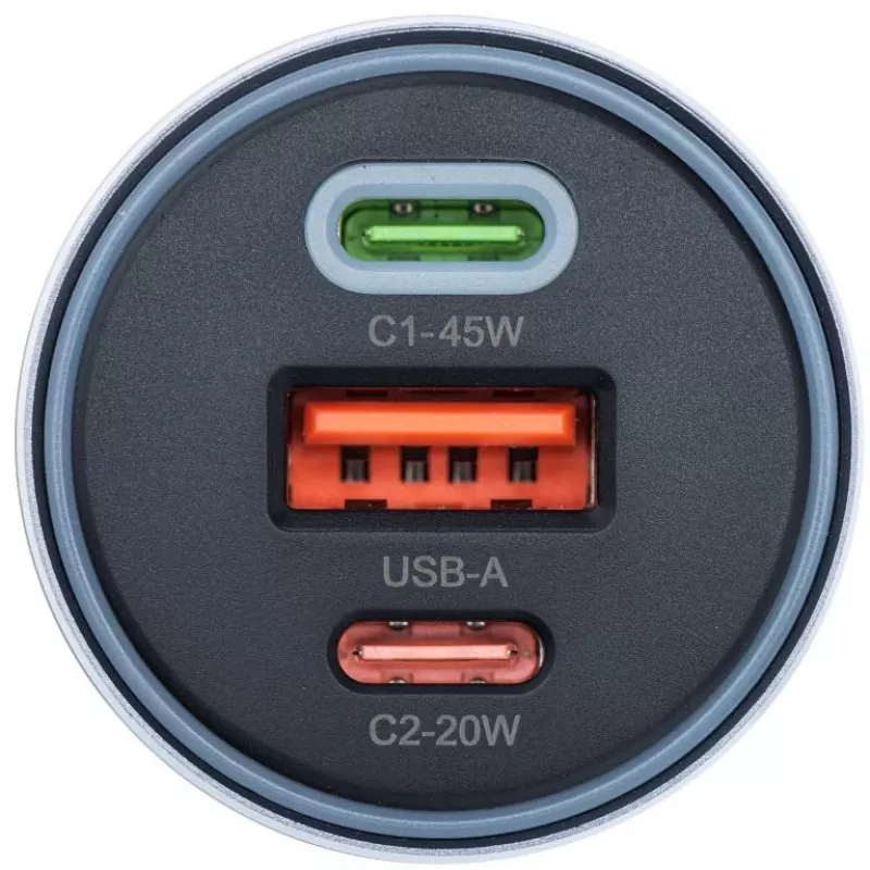 Forcell F-Energy 65 automobilinis įkroviklis 65W, 2x USB-C (PD 3.0) ir 1x USB-A (QC 4.0), pilka