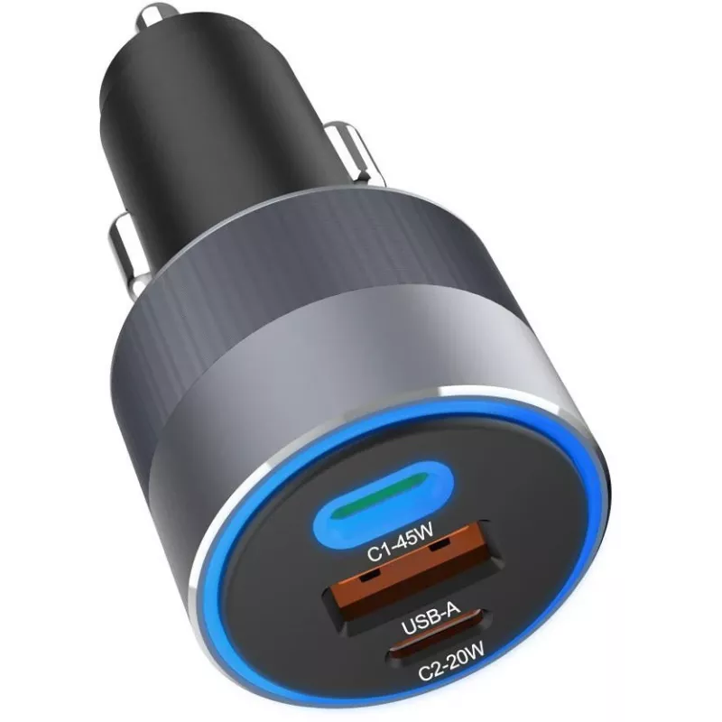 Forcell F-Energy 65 automobilinis įkroviklis 65W, 2x USB-C (PD 3.0) ir 1x USB-A (QC 4.0), pilka