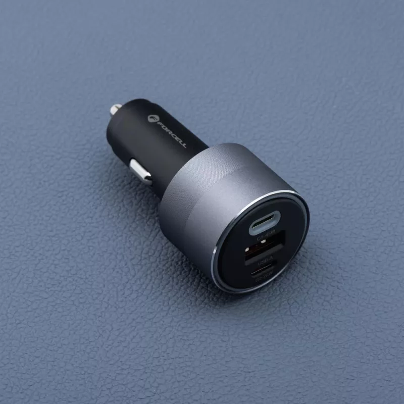 Forcell F-Energy 65 automobilinis įkroviklis 65W, 2x USB-C (PD 3.0) ir 1x USB-A (QC 4.0), pilka