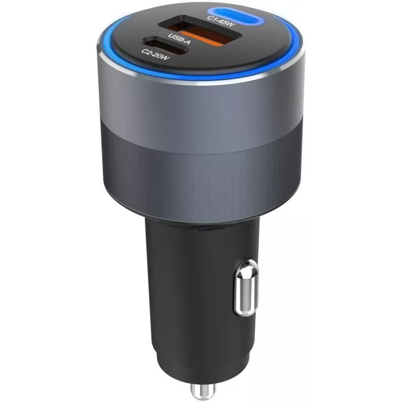 Forcell F-Energy 65 automobilinis įkroviklis 65W, 2x USB-C (PD 3.0) ir 1x USB-A (QC 4.0), pilka