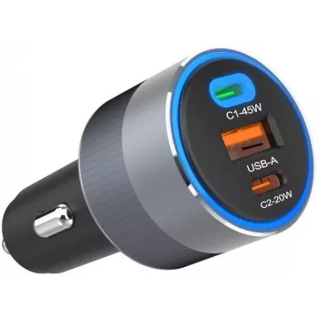Forcell F-Energy 65 automobilinis įkroviklis 65W, 2x USB-C (PD 3.0) ir 1x USB-A (QC 4.0), pilka