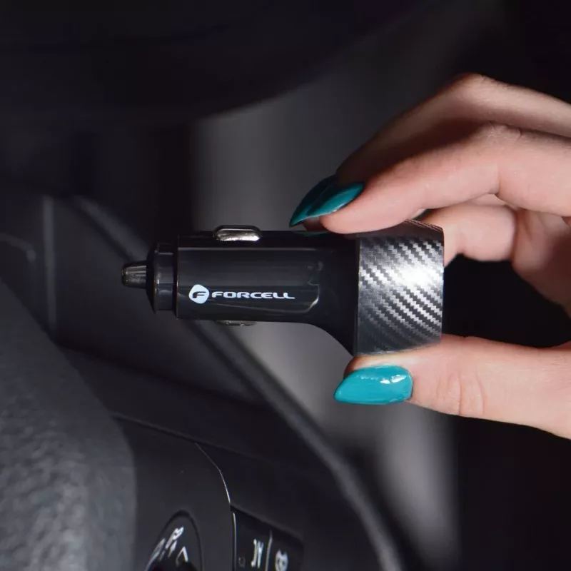 Forcell F-Energy Carbon automobilinis įkroviklis USB-C QC3.0 PD 20W su USB-C į Lightning laidu CC50-1C juodas
