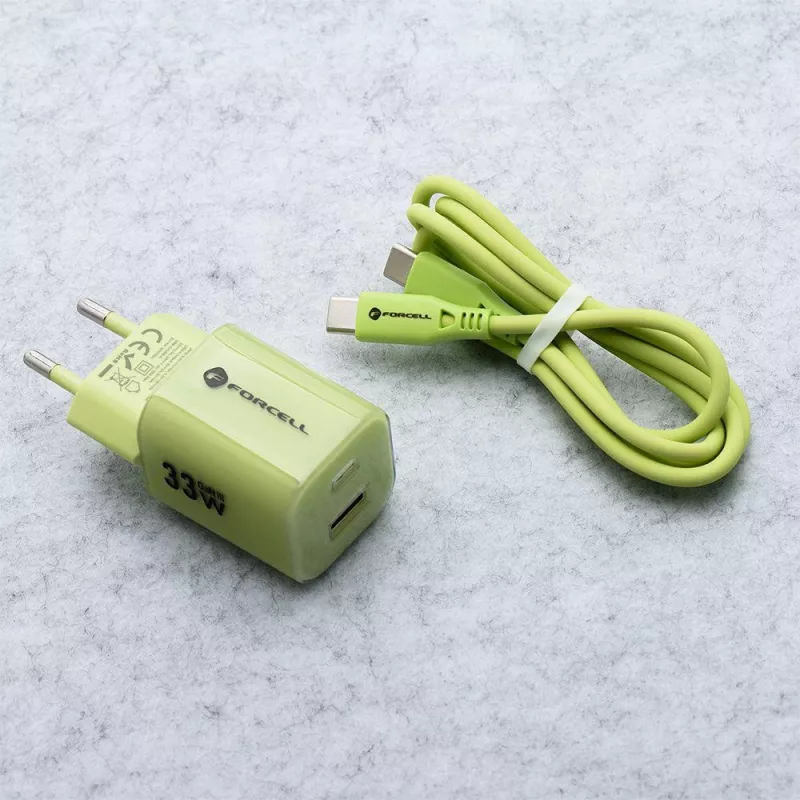 Forcell F-Energy GaN III VT-41 33 W GaN sieninis įkroviklis, 1x USB-C PD 3.0/PPS ir 1x USB-A QC 4.0, žalias