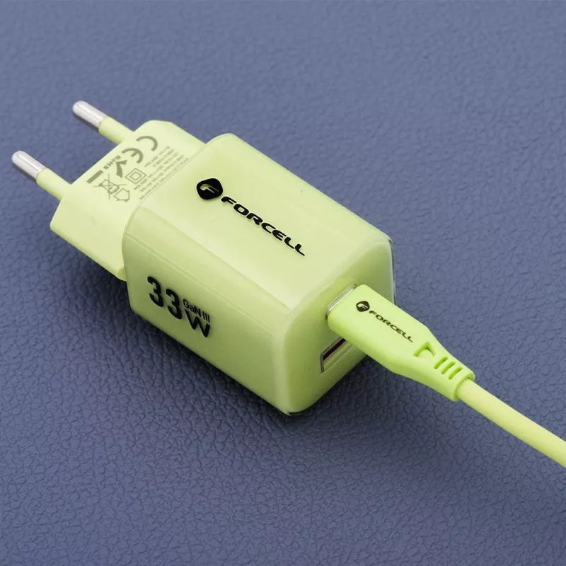 Forcell F-Energy GaN III VT-41 33 W GaN sieninis įkroviklis, 1x USB-C PD 3.0/PPS ir 1x USB-A QC 4.0, žalias