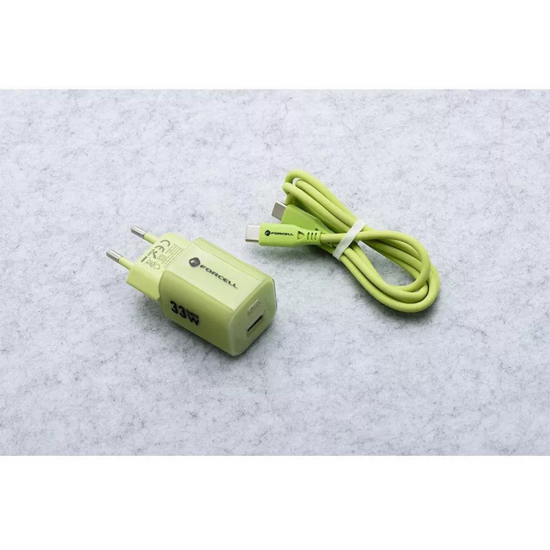 Forcell F-Energy GaN III VT-41 33 W GaN sieninis įkroviklis, 1x USB-C PD 3.0/PPS ir 1x USB-A QC 4.0, žalias