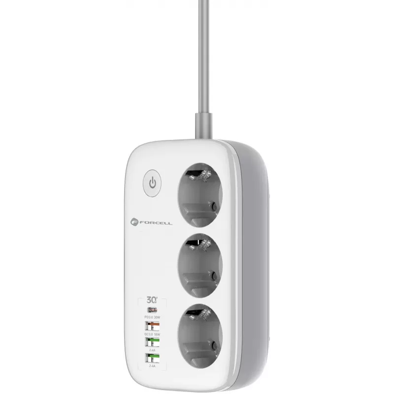 Forcell F-Energy VT-PS03 išmanusis maitinimo lizdas, 3x Schuko lizdai, USB-C PD 30W, 3x USB-A QC 3.0, Wi-Fi, Tuya programėlės valdymas, 2500W/10A