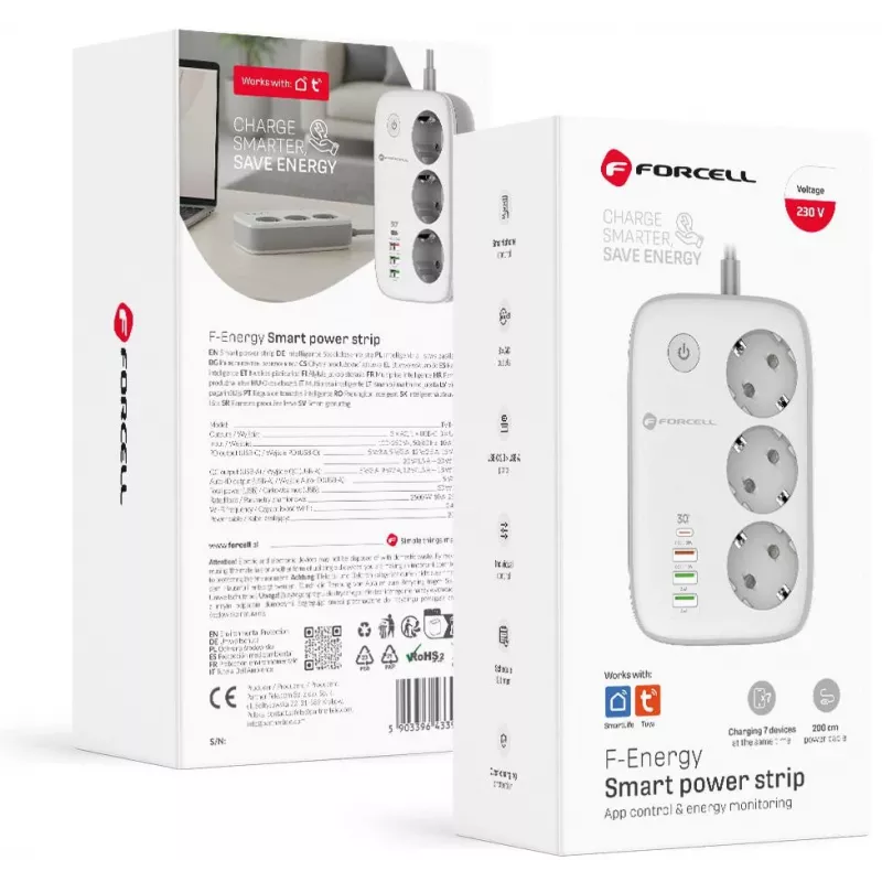 Forcell F-Energy VT-PS03 išmanusis maitinimo lizdas, 3x Schuko lizdai, USB-C PD 30W, 3x USB-A QC 3.0, Wi-Fi, Tuya programėlės valdymas, 2500W/10A