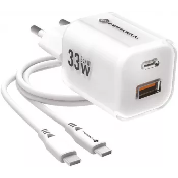 Forcell VT-41 GaN III 33W sieninis įkroviklis su 1x USB-C PD 3.0 ir 1x USB-A QC 4.0 (baltas)